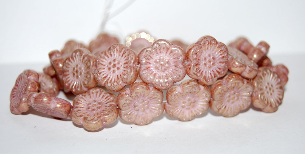 Flower Pressed Glass Beads, White Luster Red Full Coated (2010 14495), Glass, Czech Republic