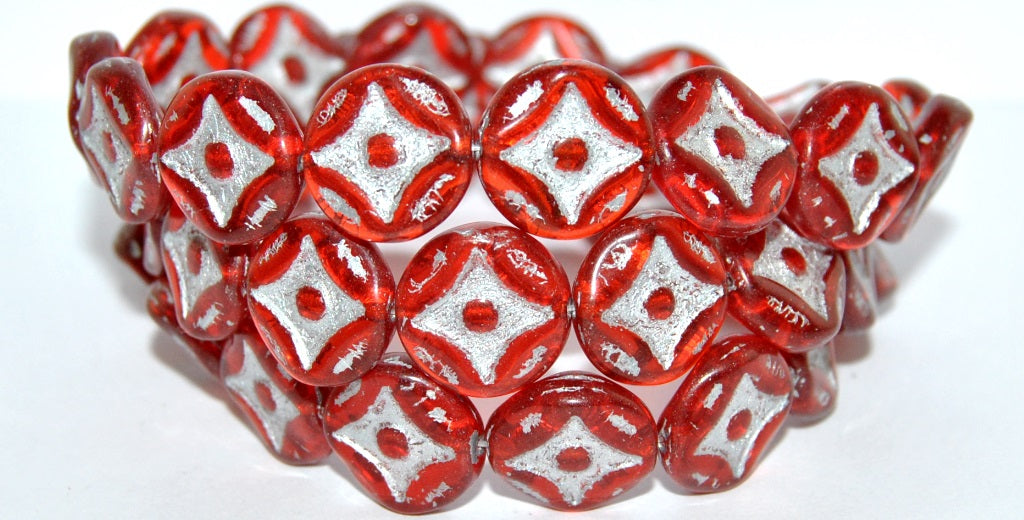 Flat Round With 4-Point Star Pressed Glass Beads, Light Siam 54201 (90070 54201), Glass, Czech Republic