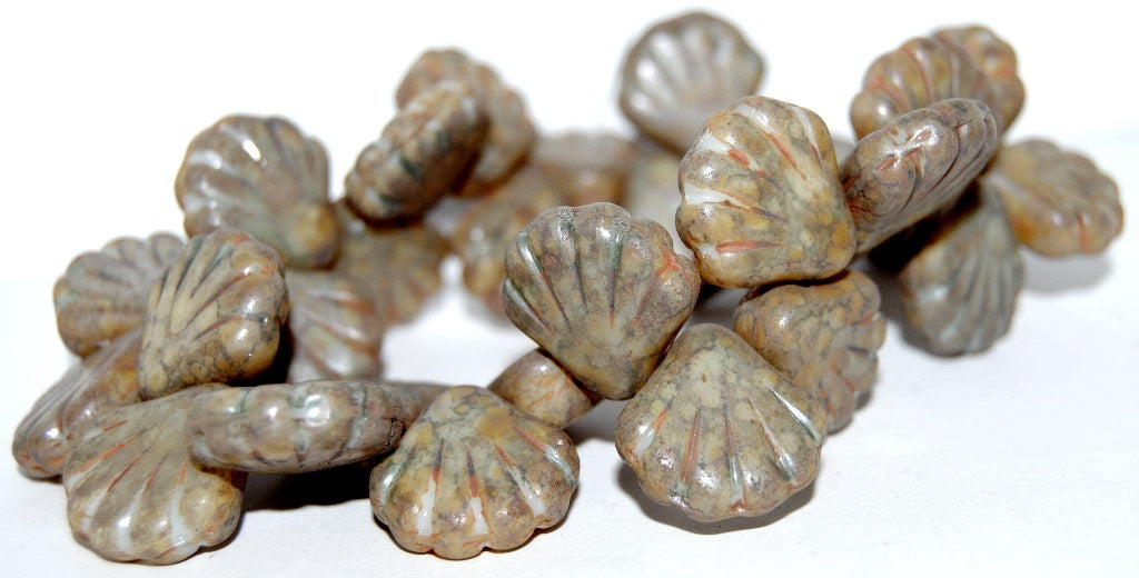 Scallop Seashell Pressed Glass Beads, Senegal Green (15657), Glass, Czech Republic