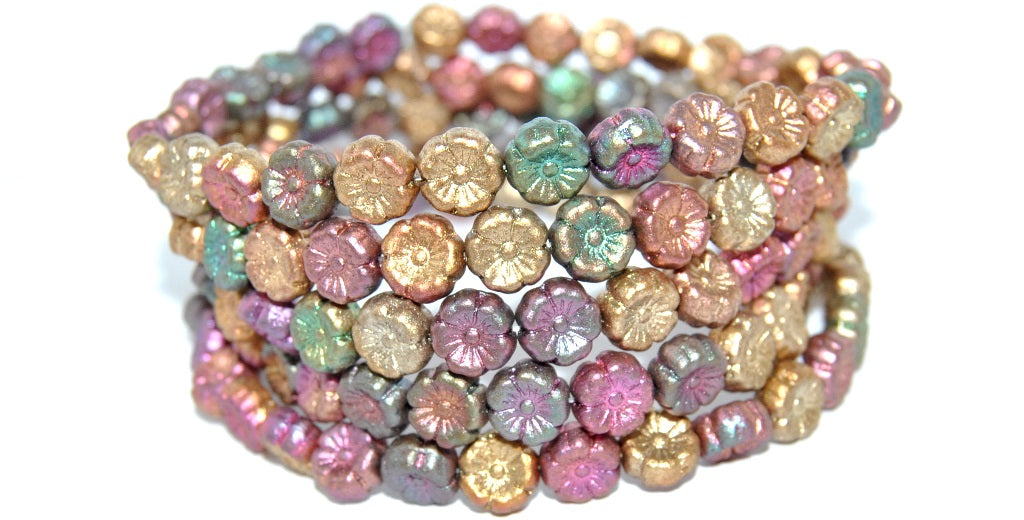 Hawaii Flower Pressed Glass Beads, Mix Of Metallic Colours Dyed (1640), Glass, Czech Republic