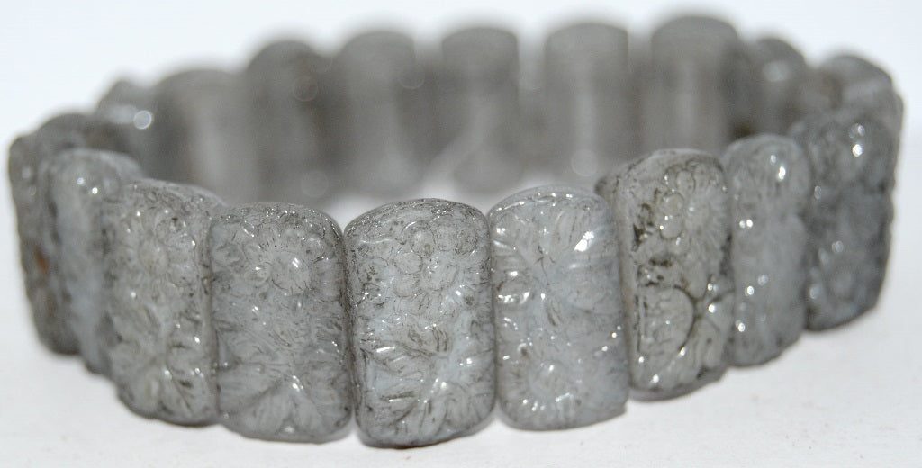 Flat Rectangle 2-Hole Pressed Glass Beads With Flower, White Luster Black (2010 14449), Glass, Czech Republic