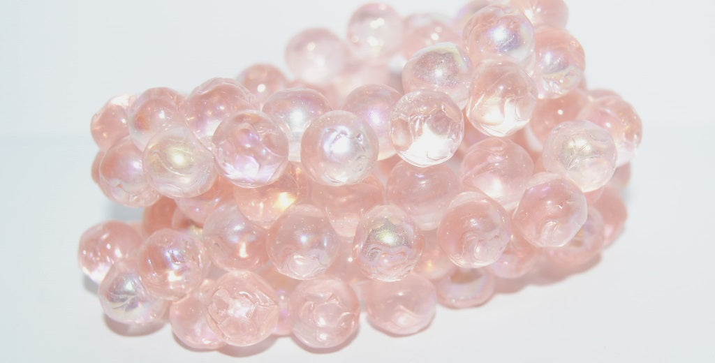 Round Pressed Glass Beads With Rose, Transparent Pink Ab (70120 Ab), Glass, Czech Republic
