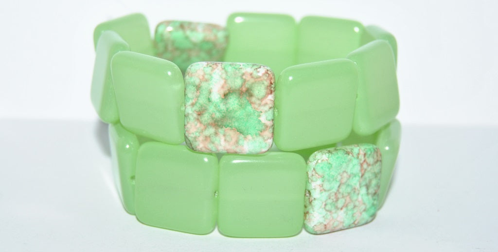 Czech Glass Pressed Beads Square, Green Mixed Colors (Green Mix), Glass, Czech Republic