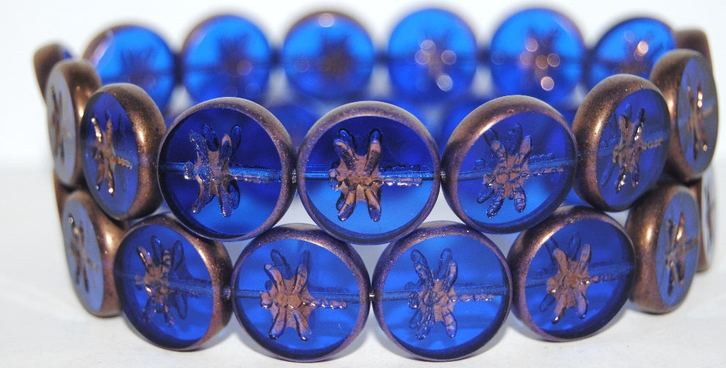 Table Cut Round Beads With Dragonfly, Transparent Blue Bronze Matte (30060 14415M), Glass, Czech Republic