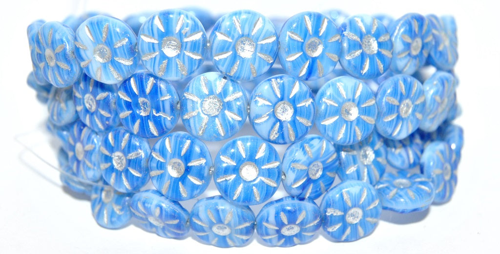 Flower Pressed Glass Beads, Opaque White Blue Striped 54201 (35000 54201), Glass, Czech Republic