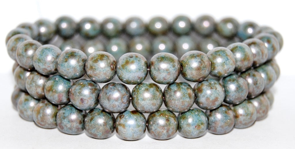 Round Pressed Glass Beads Druck, Chalk White Luminescent Green (3000 65431), Glass, Czech Republic