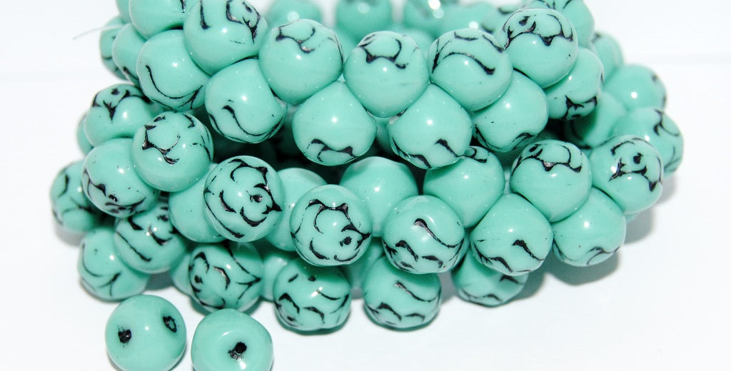 Round Pressed Glass Beads With Rose, Turquoise 46769 (63130 46769), Glass, Czech Republic