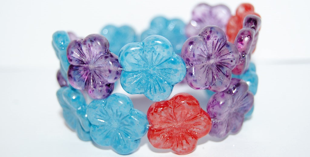Round Flower Hibiskus Pressed Glass Beads, Lava Glass Mixed Colors 2 (Lava Glass Mix 2), Glass, Czech Republic