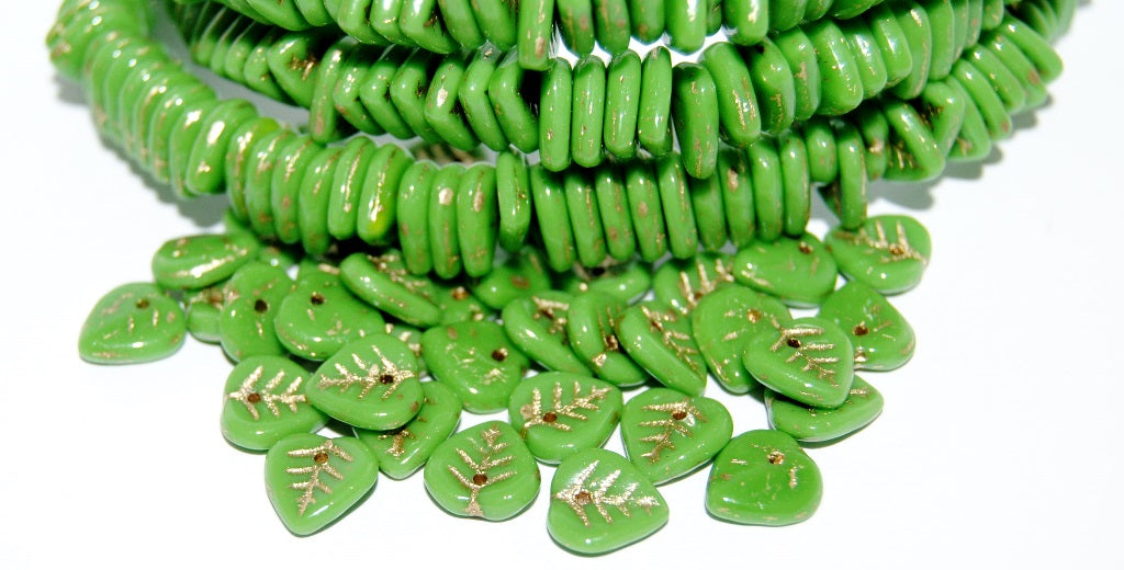 Lilac Leaf Pressed Glass Beads, Opaque Green 54202 (53320 54202), Glass, Czech Republic
