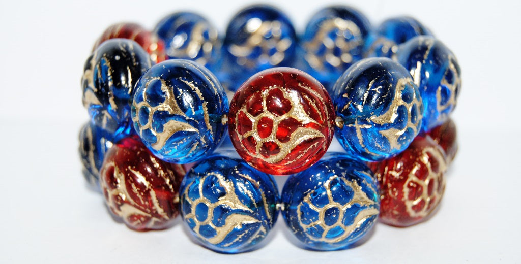 Round With Flower Pressed Glass Beads, Mixed Colors Silver Lined Crystal 54202 (Mix 1 54202), Glass, Czech Republic