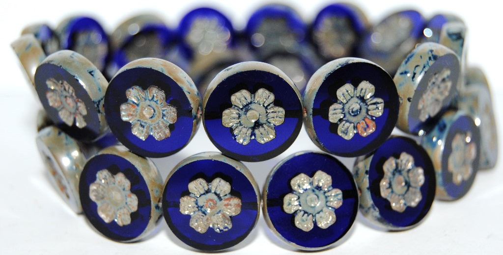 Table Cut Round Beads With Flower, Transparent Blue 43400 (30080 43400), Glass, Czech Republic