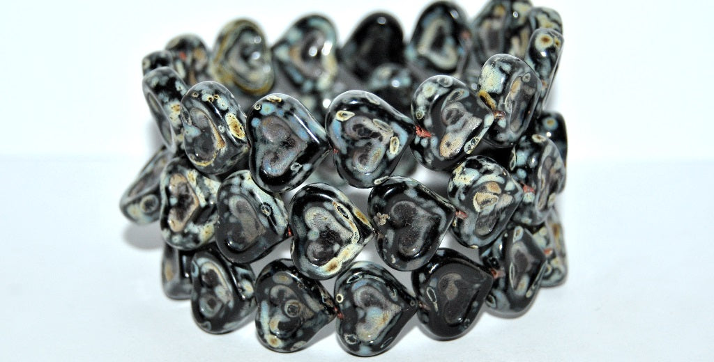 Heart With Heart Pressed Glass Beads, Black Travertin (23980 86800), Glass, Czech Republic