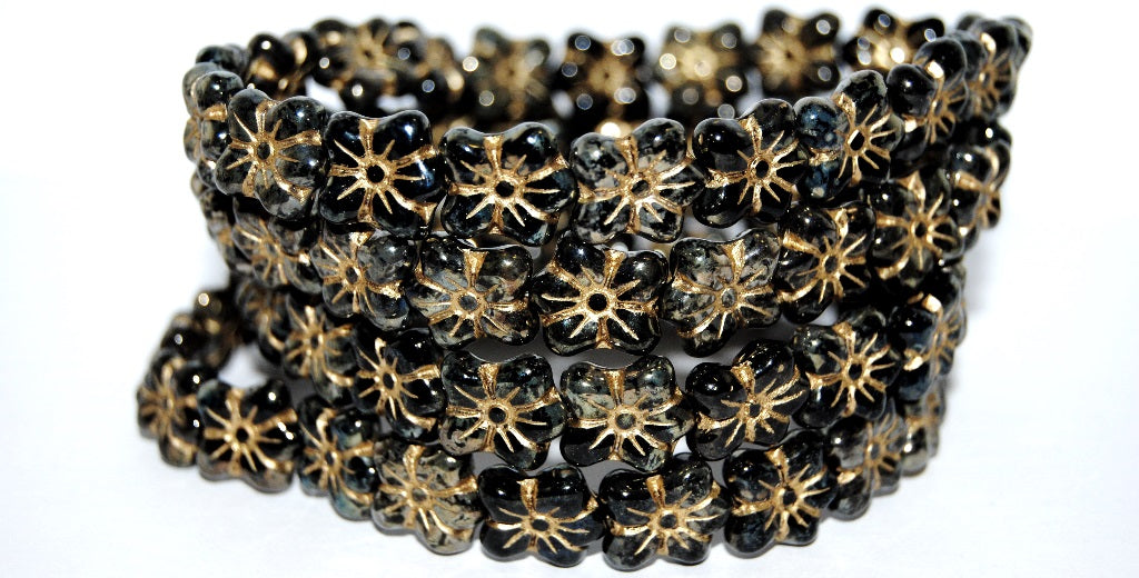 Flower Pressed Glass Beads, Black 43 54202 (23980 43 54202), Glass, Czech Republic