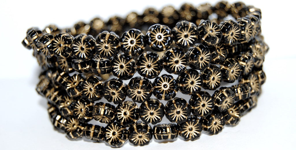 Hawaii Flower Pressed Glass Beads, Black 54202 (23980 54202), Glass, Czech Republic