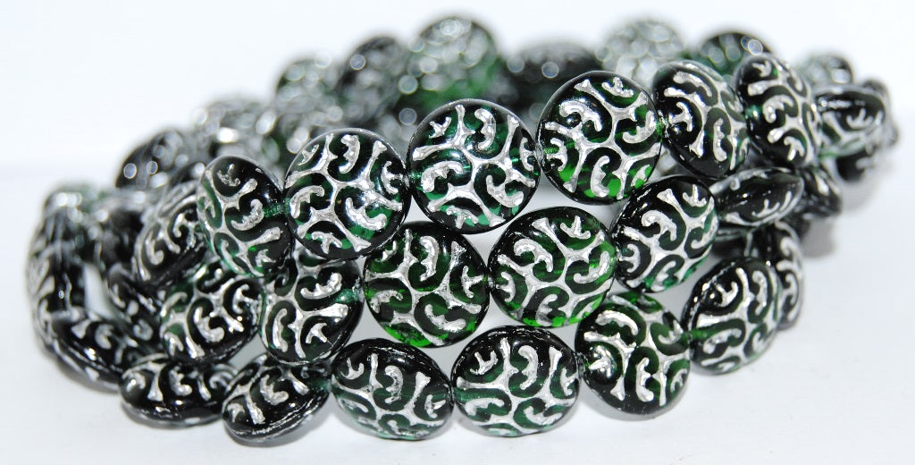 Lentil Round With Ornament Brain Pressed Glass Beads, Dark Green Mixed Colors 54201 (Dark Green Mix 54201), Glass, Czech Republic
