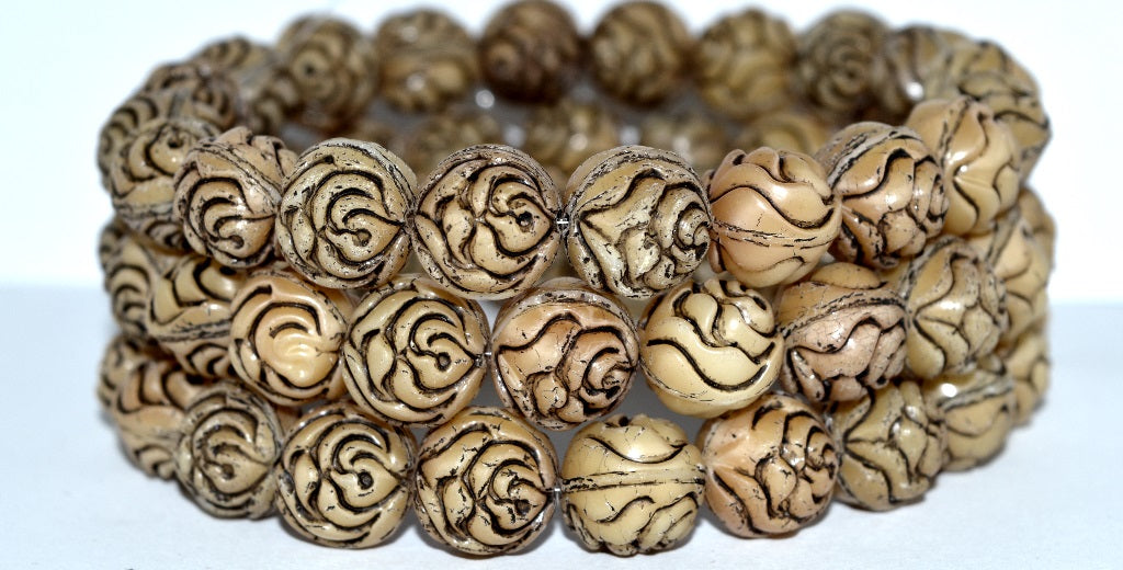Round Rose Pressed Glass Beads, Dark Beige 23202 (7193 23202), Glass, Czech Republic