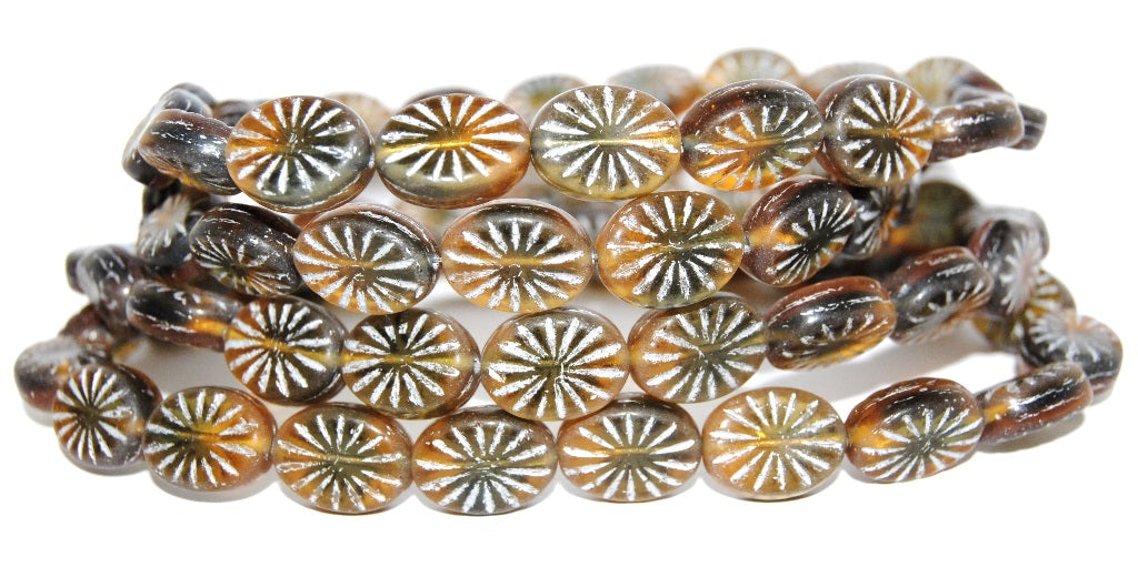 Flat Oval Pressed Glass Beads With Rays, (37101 54201), Glass, Czech Republic