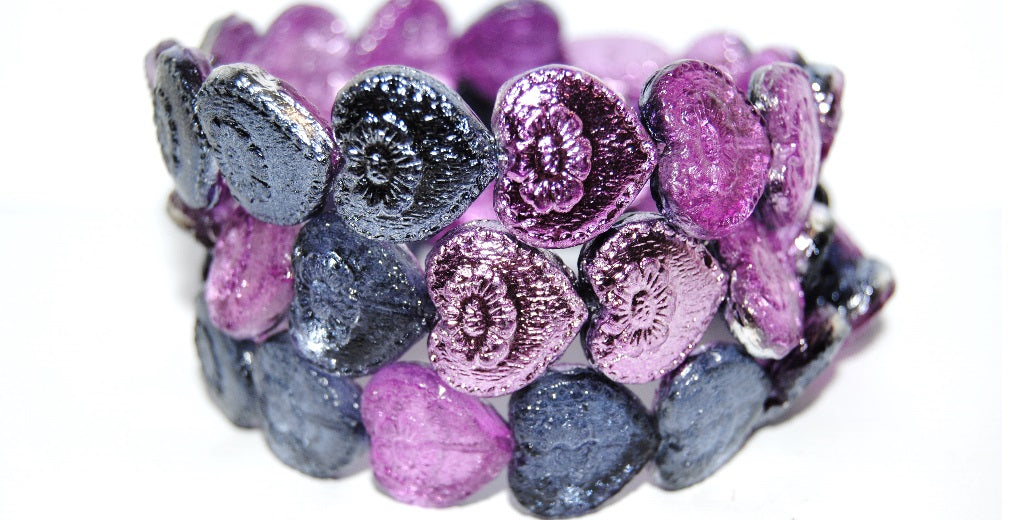 Heart With Flower Pressed Glass Beads, 48222 (48222), Glass, Czech Republic