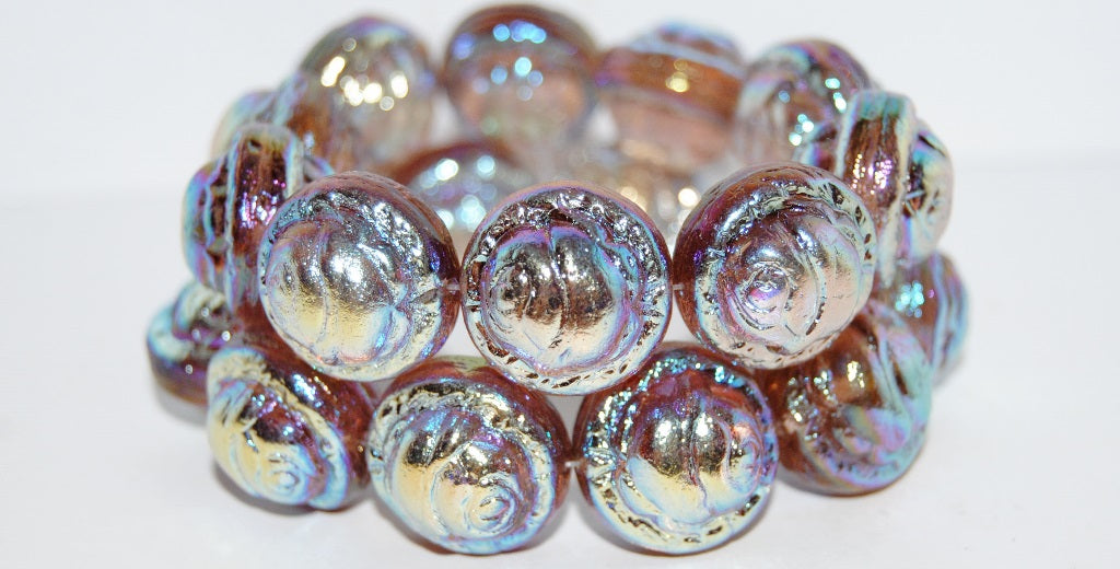 Round With Rose Flower Pressed Glass Beads, Transparent Light Amethyst Ab 2X (20020 Ab 2X), Glass, Czech Republic