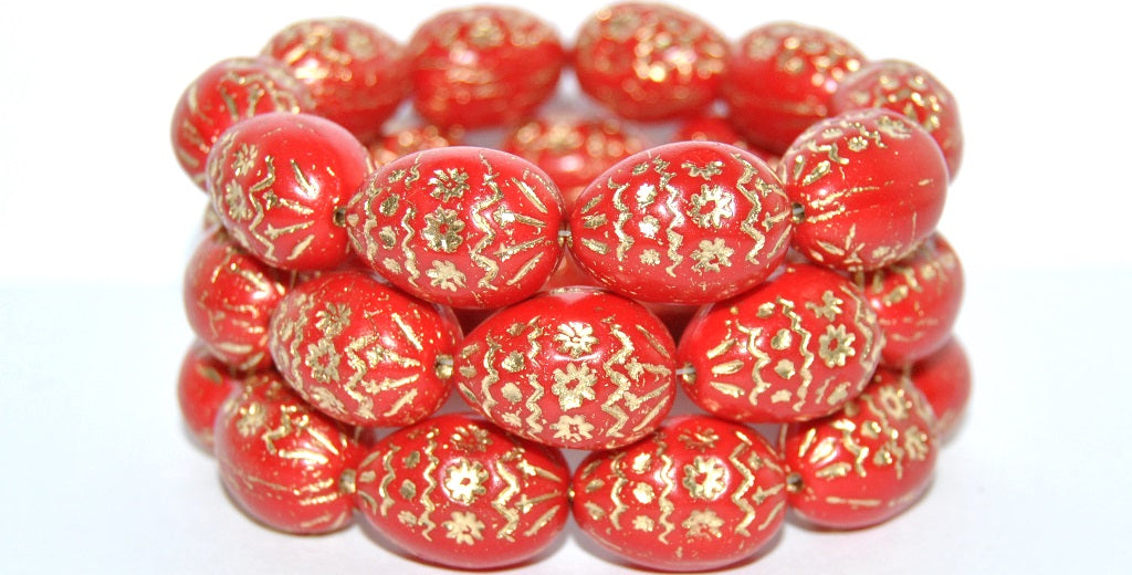 Oval Egg With Decor Pressed Glass Beads, Opaque Red 54202 (93200 54202), Glass, Czech Republic