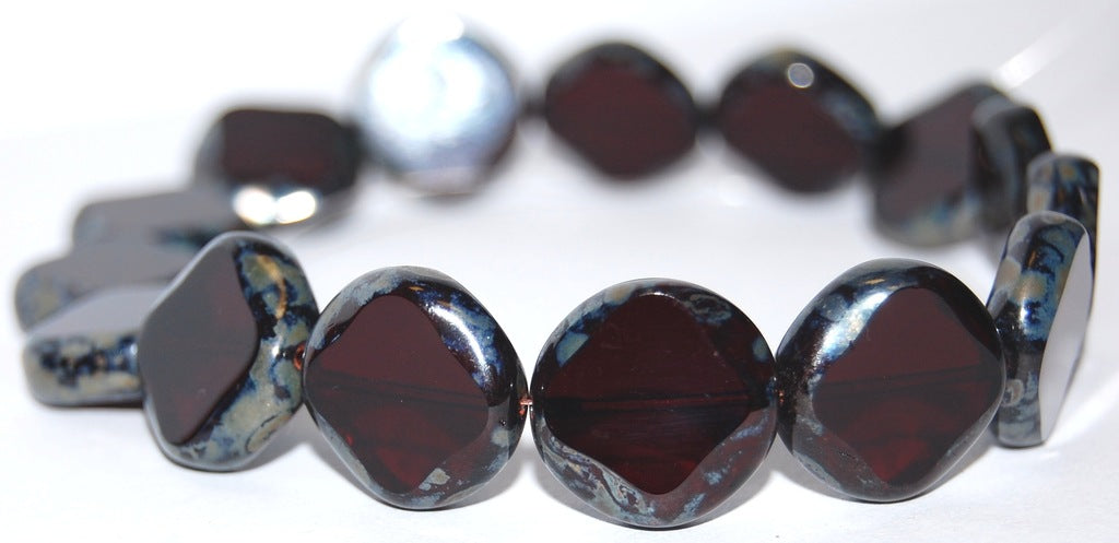 Table Cut Flat Round Beads With Rhomb, Transparent Red 43400 (90120 43400), Glass, Czech Republic
