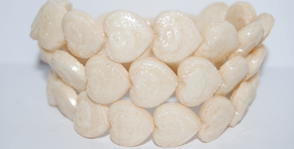 Heart With Flower Pressed Glass Beads, White Luster Brown Full Coated (2010 14413), Glass, Czech Republic