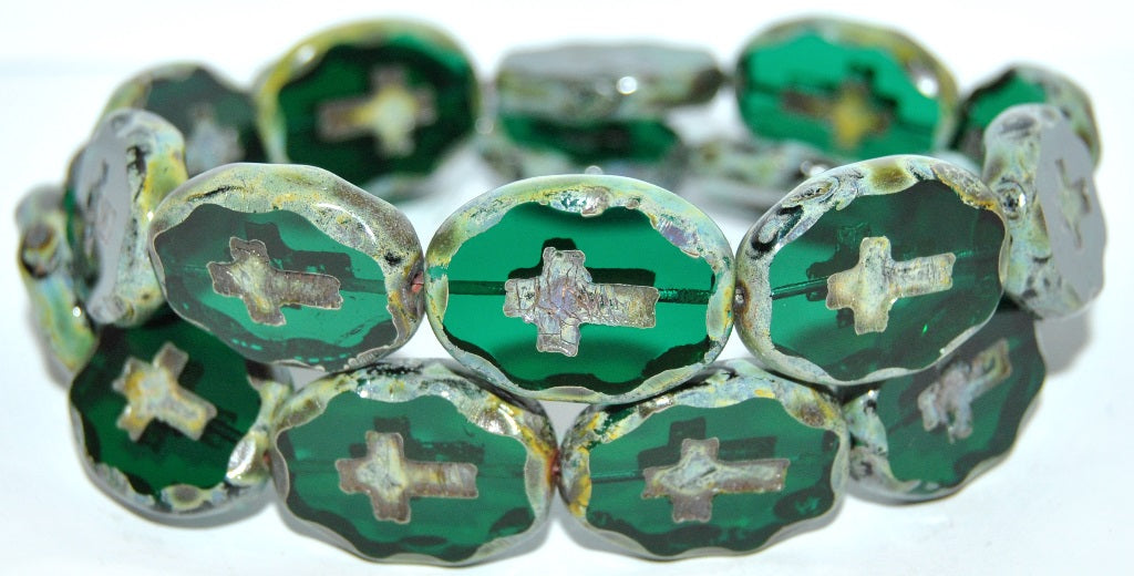 Table Cut Oval Beads With Cross, Transparent Green Emerald Travertin (50730 86800), Glass, Czech Republic