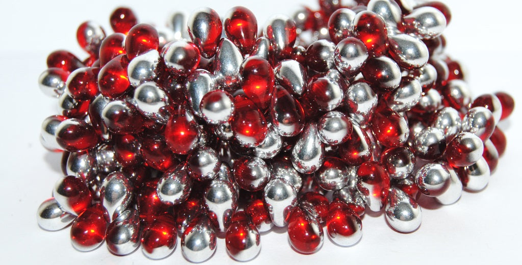 Pear Drop Pressed Glass Beads, Ruby Red Crystal Silver Half Coating (90080 27001), Glass, Czech Republic
