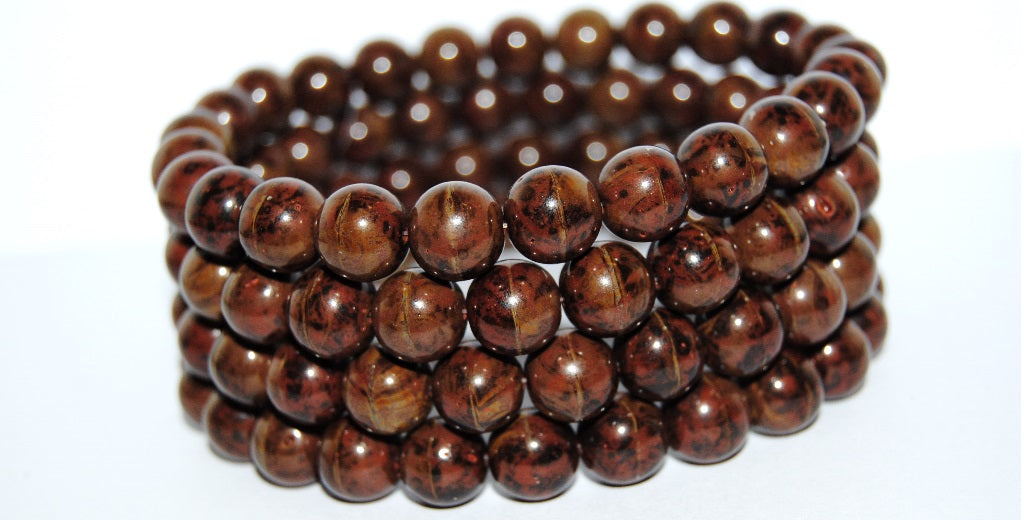 Round Pressed Glass Beads Druck, Opaque Brown Travertin (13610 86800), Glass, Czech Republic