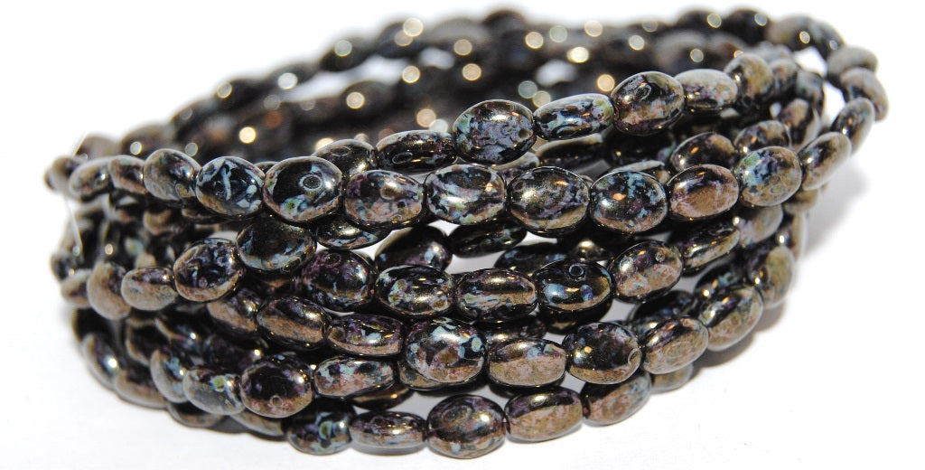 Oval Pressed Glass Beads, Black Senegal Red (23980 15675), Glass, Czech Republic