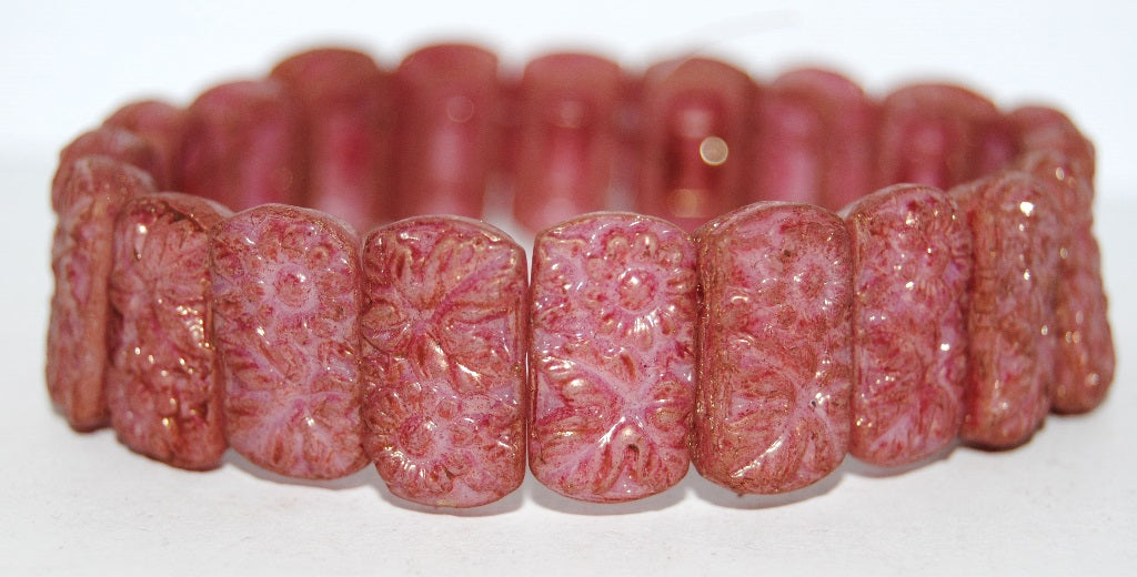 Flat Rectangle 2-Hole Pressed Glass Beads With Flower, White Luster Ruby (2010 14497), Glass, Czech Republic