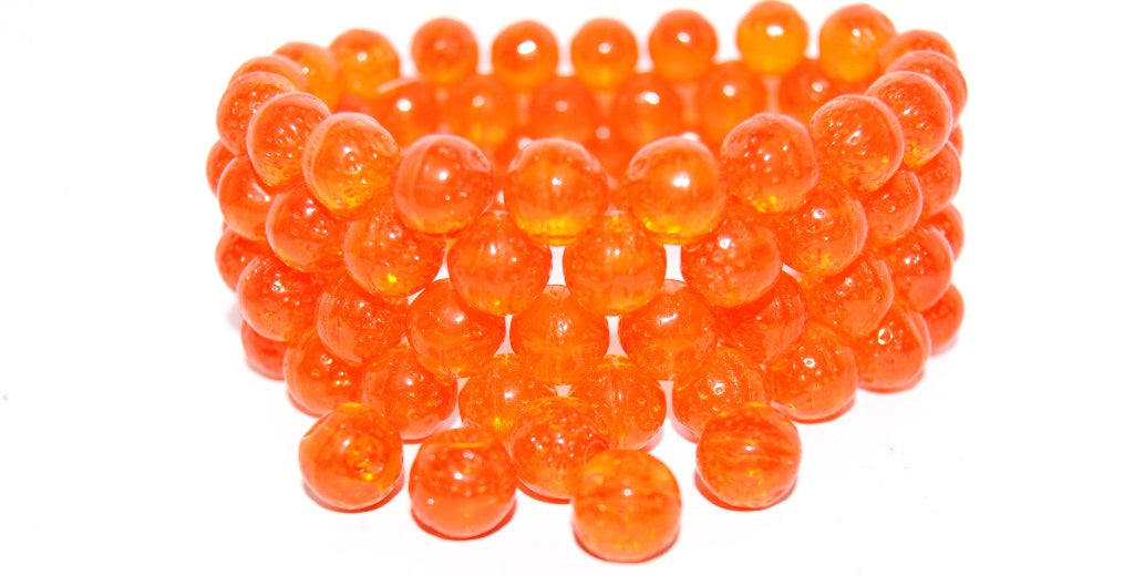 Round Orange Friut Pressed Glass Beads, Transparent Orange (90020), Glass, Czech Republic