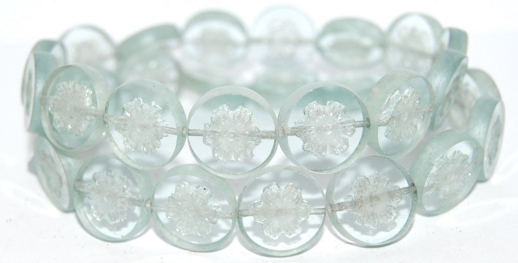 Table Cut Round Beads With Flower, Transparent Blue Luster Cream (30010 14401), Glass, Czech Republic