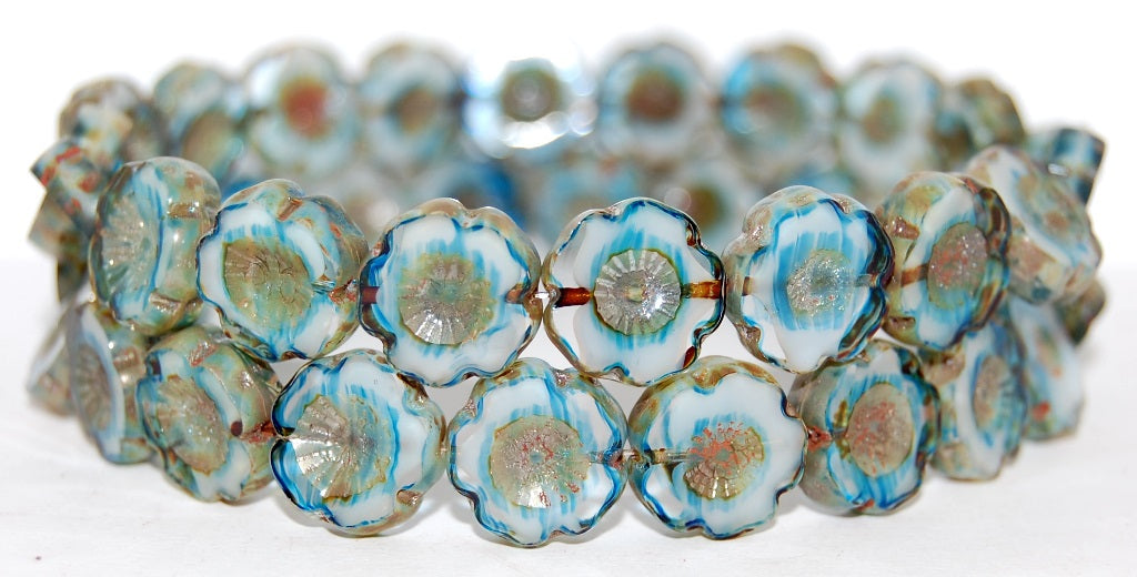 Table Cut Round Beads Hawaii Flowers, Light Blue White Delay 43400 (65016 43400), Glass, Czech Republic