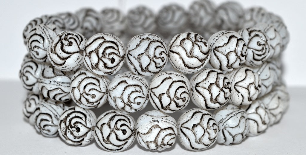 Round Rose Pressed Glass Beads, White 23202 (2010 23202), Glass, Czech Republic
