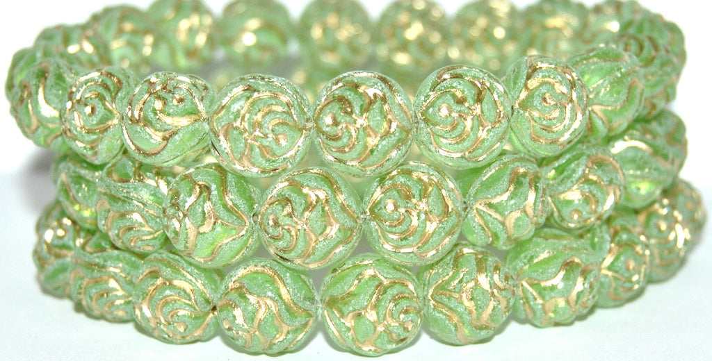 Round Rose Pressed Glass Beads, Transparent Green 54202 Antiq Uranium (50800 54202 Antiq Uranium), Glass, Czech Republic