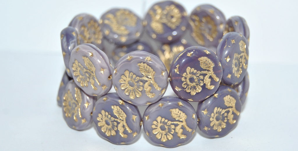 Round Flat With Flower Marguerite Pressed Glass Beads, (21350 54202), Glass, Czech Republic