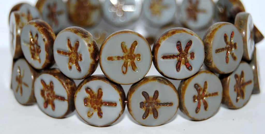 Table Cut Round Beads With Dragonfly, Opaque Gray Travertin (43020 86800), Glass, Czech Republic