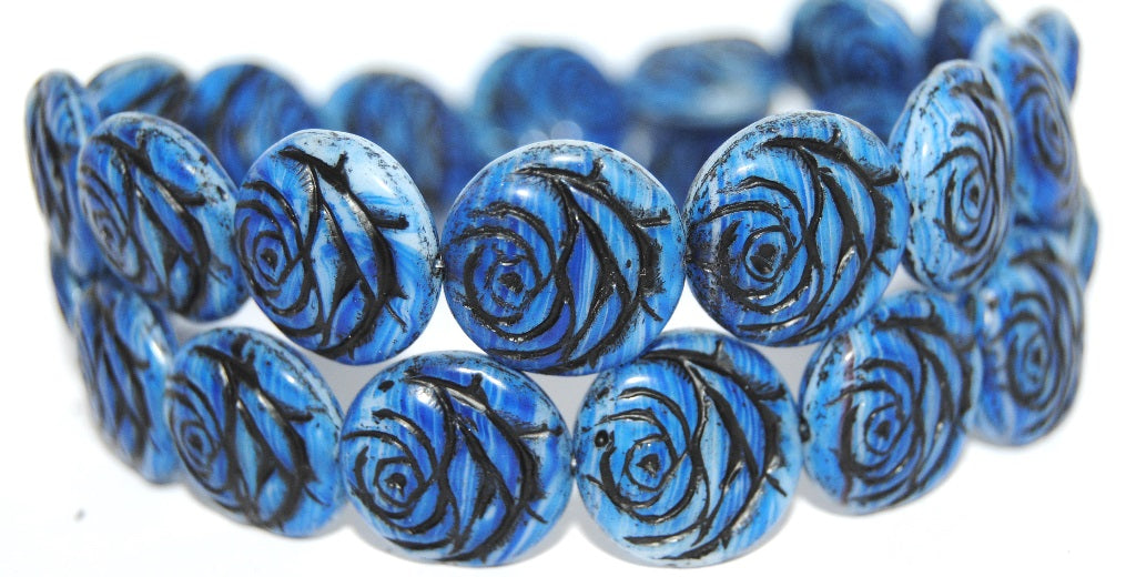 Round Flat Rose Flower Pressed Glass Beads, (65000 23202), Glass, Czech Republic