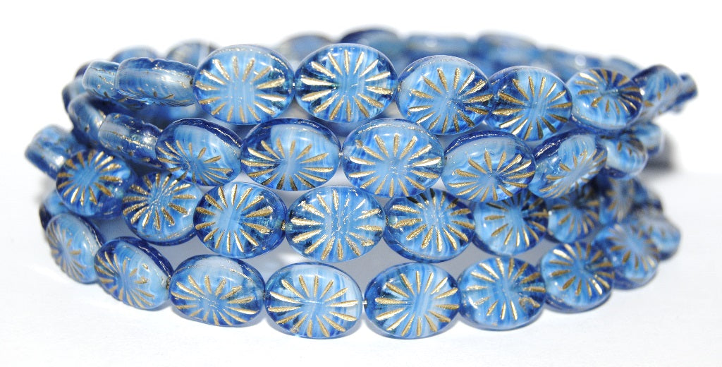 Flat Oval Pressed Glass Beads With Rays, Light Blue White Delay 54202 (65016 54202), Glass, Czech Republic