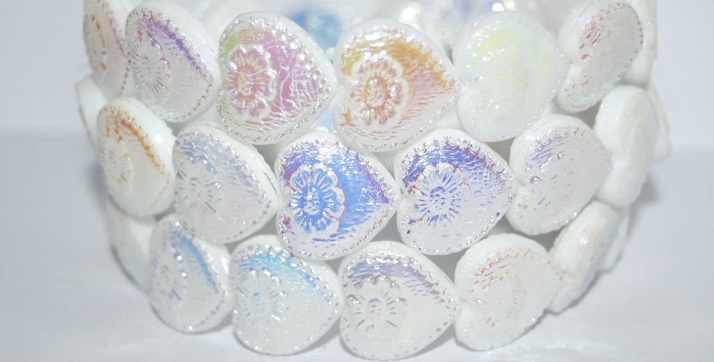 Heart With Flower Pressed Glass Beads, White Ab 2Xside (2010 Ab 2Xside), Glass, Czech Republic