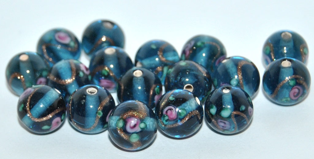 Czech Glass Hand Made Round Lampwork Beads With Flower And Aventurine, (D), Glass, Czech Republic