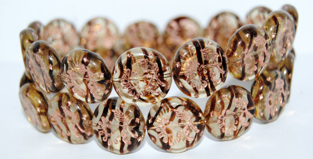 Round Flat With Flower Marguerite Pressed Glass Beads, (18016B 54200), Glass, Czech Republic