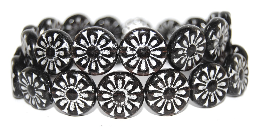 Flat Round With Flower Pressed Glass Beads, Transparent Amethyst 54201 (20080 54201), Glass, Czech Republic