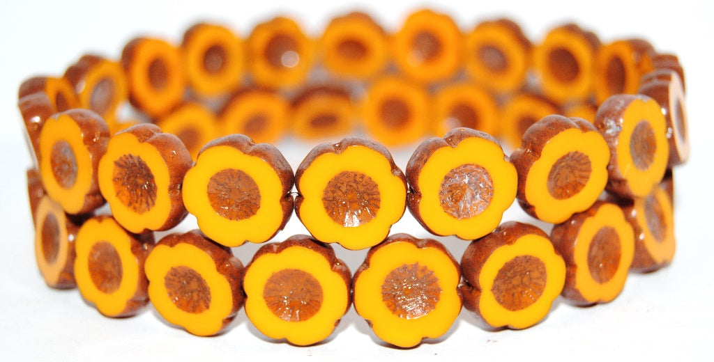 Table Cut Round Beads Hawaii Flowers, Deep Orange Bronze (93140 14415), Glass, Czech Republic