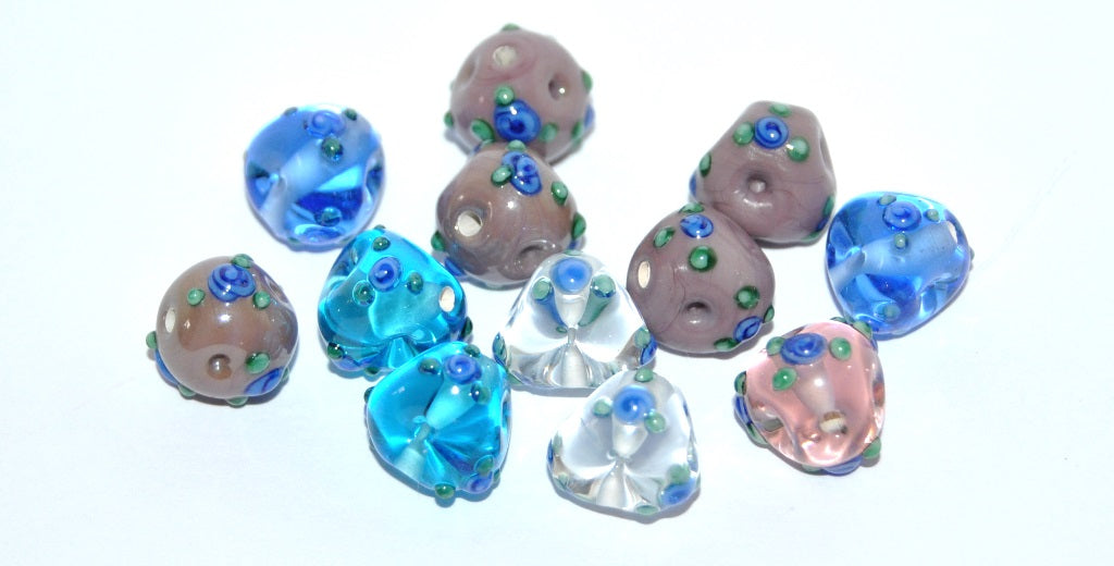 Czech Glass Hand Made Round Lampwork Beads With Flower, (10 H), Glass, Czech Republic