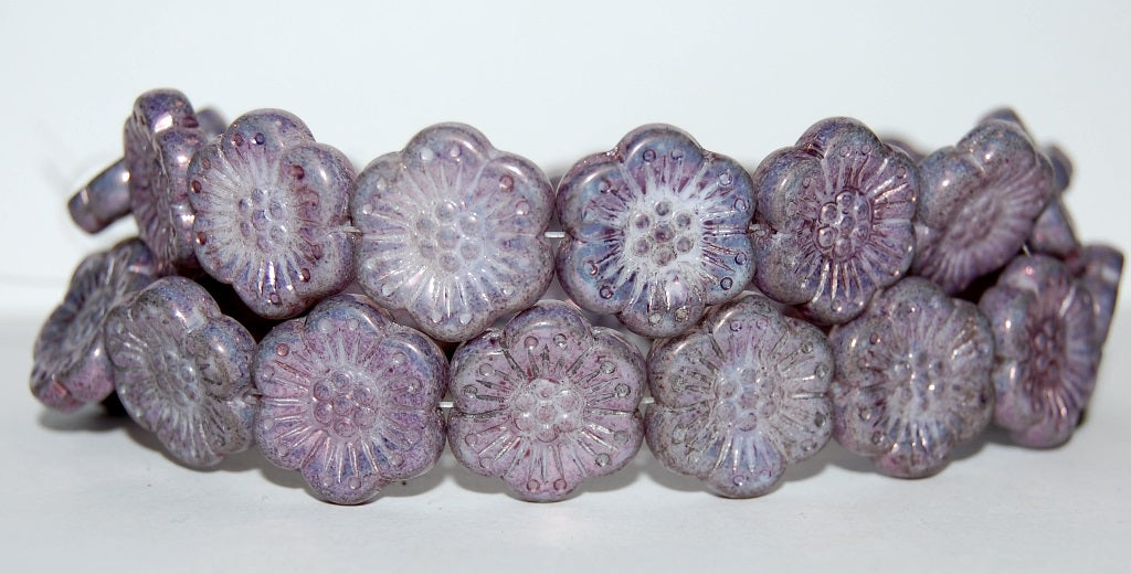Flower Pressed Glass Beads, White Purple (2010 15726), Glass, Czech Republic