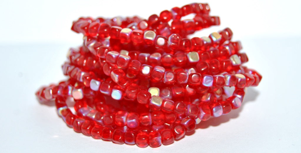 Czech Glass Pressed Beads Cube, Ruby Red Ab (90080 Ab), Glass, Czech Republic