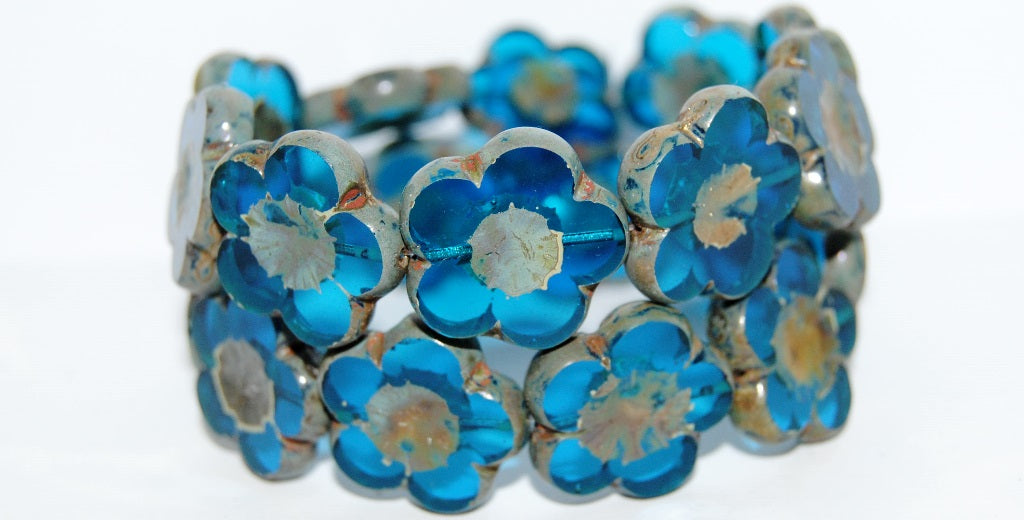 Table Cut Flower Beads Hibiscus, 21 Transparent Aqua 43400 (21 60050 43400), Glass, Czech Republic