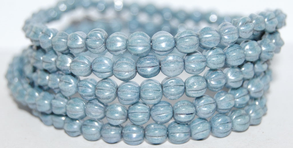 Melon Round Pressed Glass Beads With Stripes, White Luster Blue Full Coated (2010 14464), Glass, Czech Republic